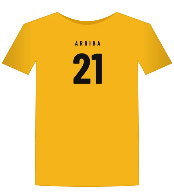 Arriba 21 tee, black print on a gold shirt